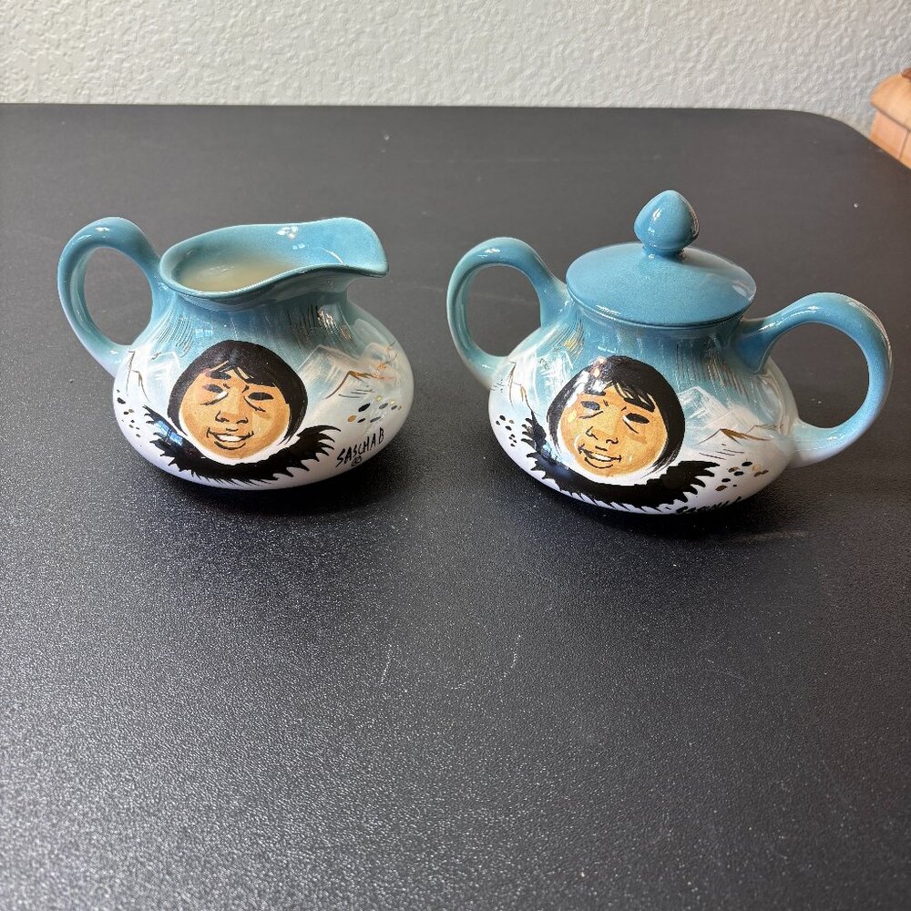 RARE Vintage Sascha Brastoff Art Pottery Alaska Series Cream & Sugar Mid Century